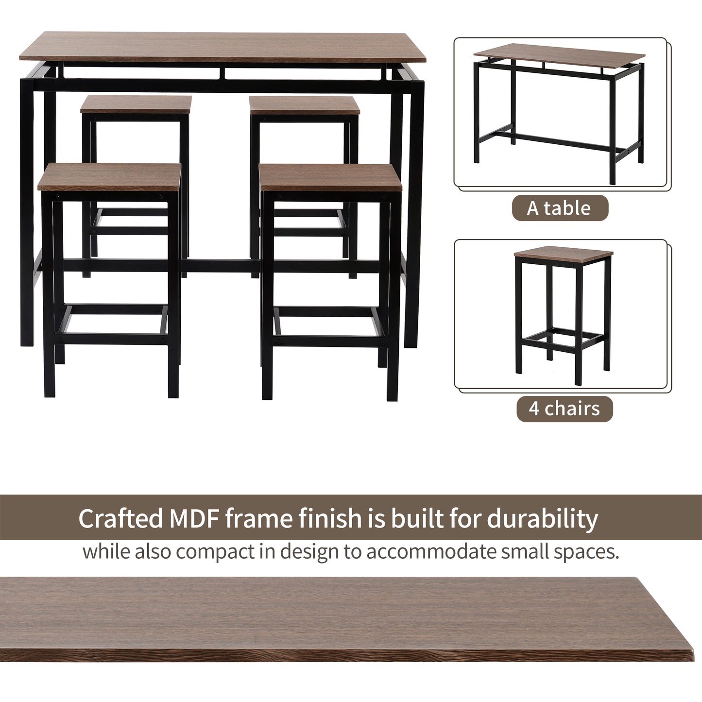 TREXM 5-Piece Kitchen Counter Height Table Set, Dining Table with 4 Chairs (Dark Brown)