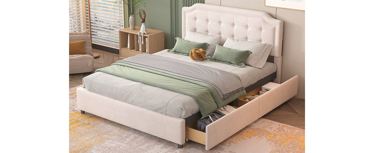 Upholstered Platform Bed with Classic Headboard and 4 Drawers, No Box Spring Needed, Velvet Fabric, Queen Size Beige