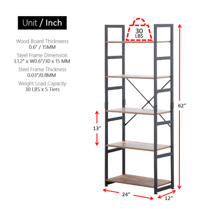 Ladder Shelf Bookcase 5 Tiers | Bookshelf with Open Storage, Metal Frame with Wood Board | Rustic + Black