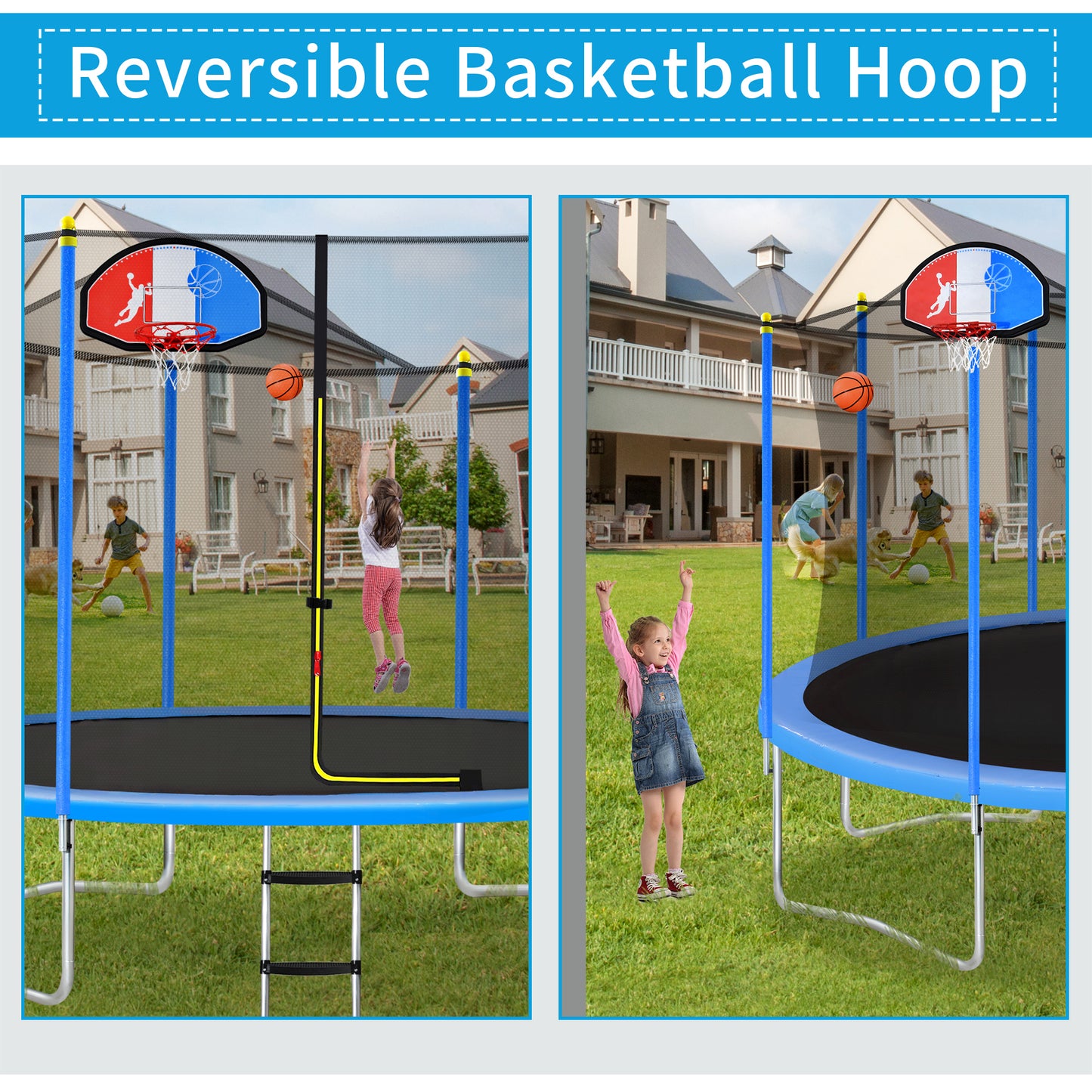 12FT Trampoline for Kids with Safety Enclosure Net, Basketball Hoop and Ladder, Easy Assembly Round Outdoor Recreational Trampoline