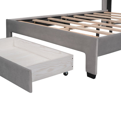 Full Size Storage Bed Velvet Upholstered Platform Bed with a Big Drawer - Gray