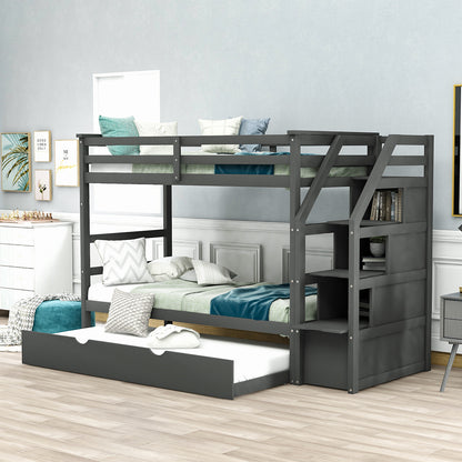 Twin-Over-Twin Bunk Bed with Twin Size Trundle and 3 Storage Stairs (Gray)