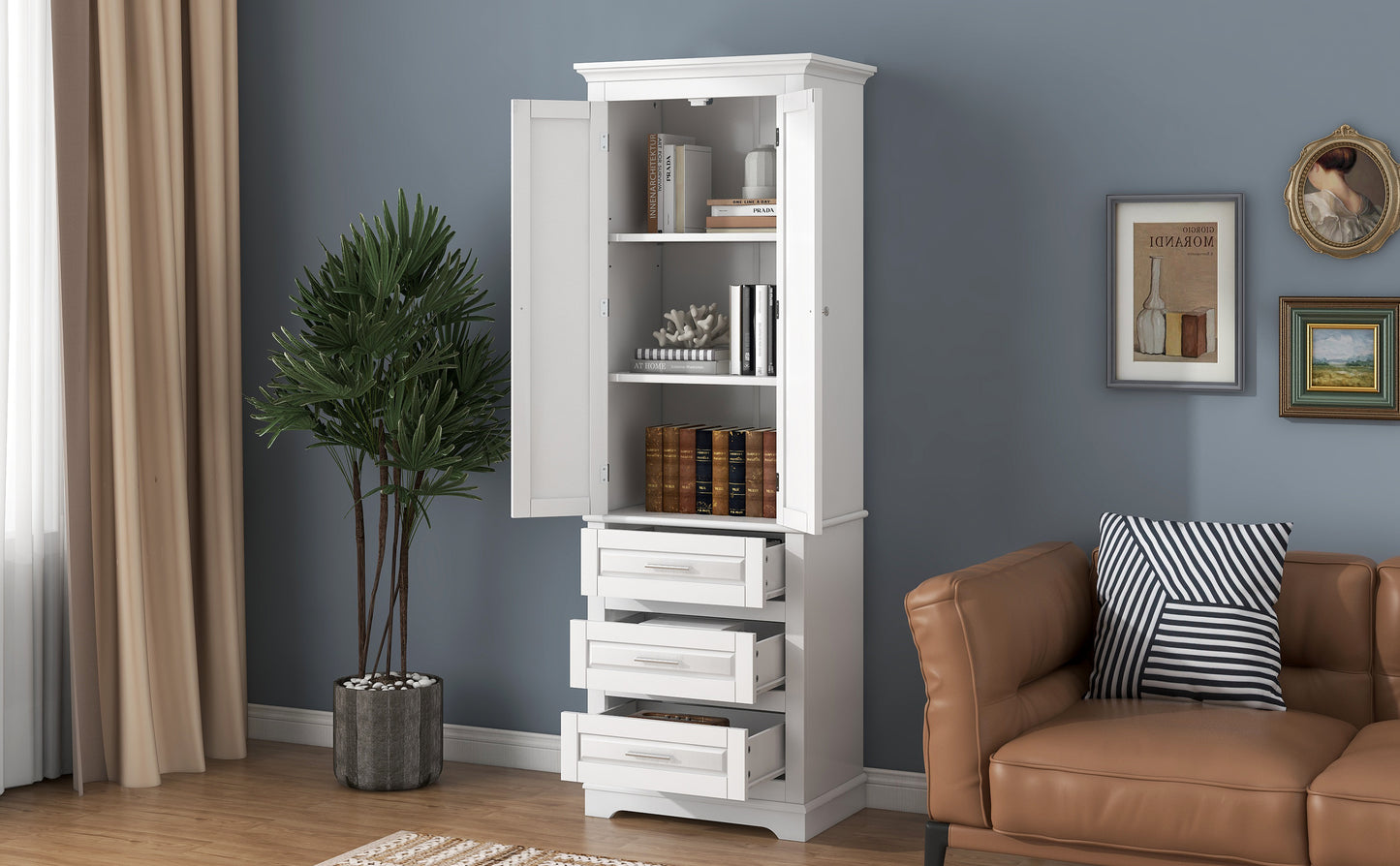 Tall Storage Cabinet with Three Drawers for Bathroom/Office, White