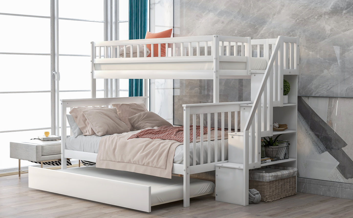 Twin over Full Bunk Bed with Trundle and Staircase,White