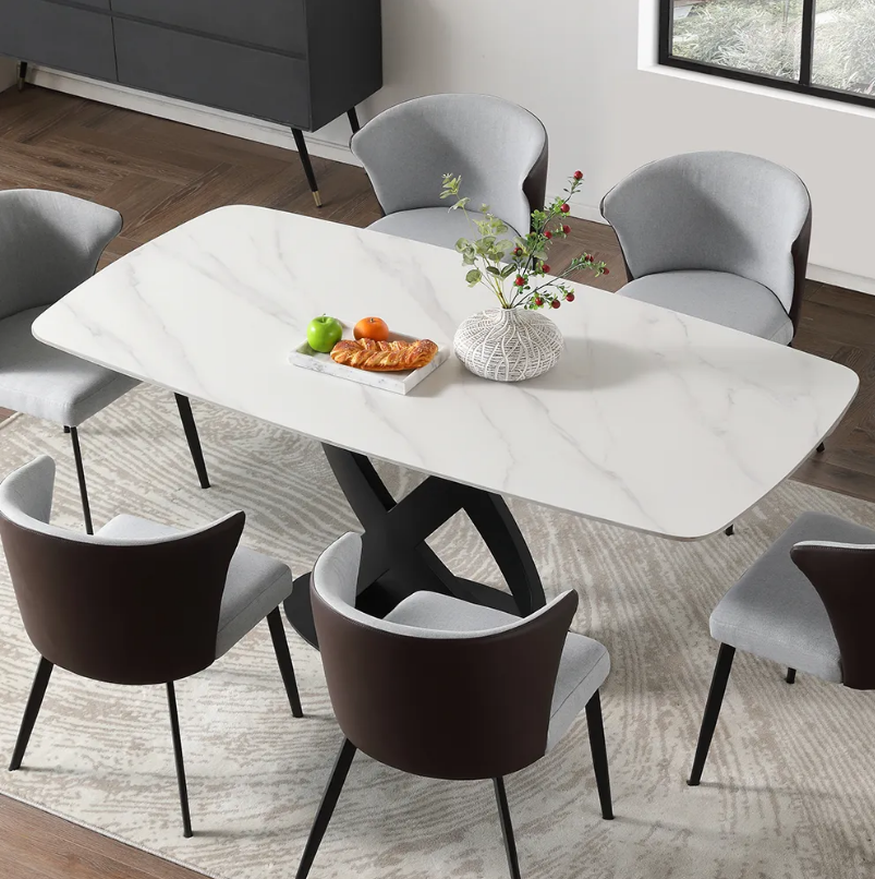 Modern Dining Table, Sintered Stone Tabletop Dining Room Table for Up To 8, Solid Black Carbon Steel Base, 71"