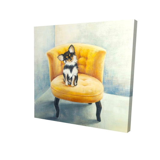 Long-haired chihuahua on a yellow armchair - 08x08 Print on canvas