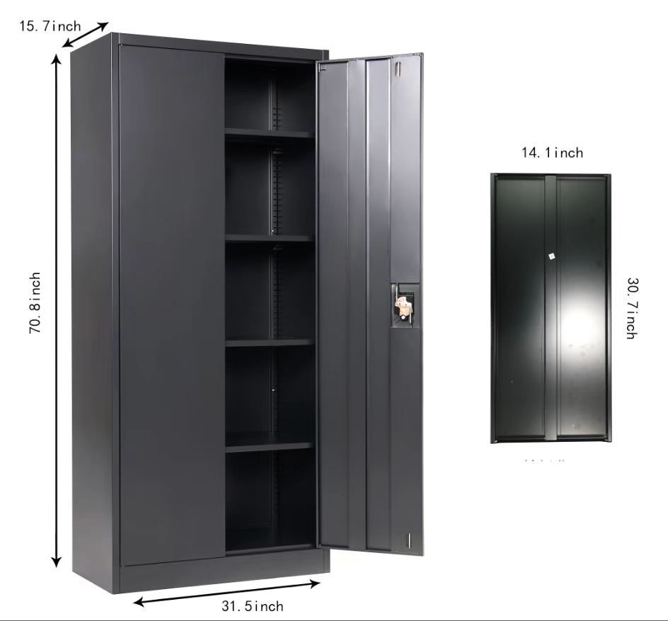 Metal Storage Cabinet with 2 Doors and 4 Shelves, Lockable Steel Storage Cabinet for Office, Garage, Warehouse,(Black)