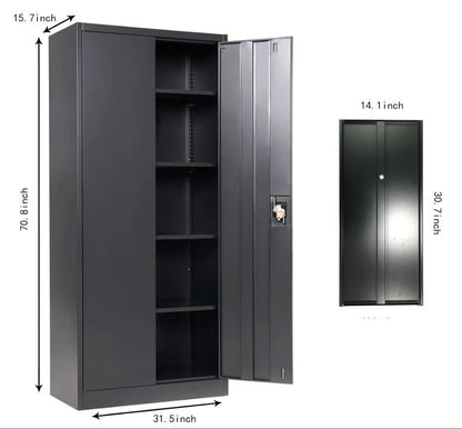 Metal Storage Cabinet with 2 Doors and 4 Shelves, Lockable Steel Storage Cabinet for Office, Garage, Warehouse,(Black)