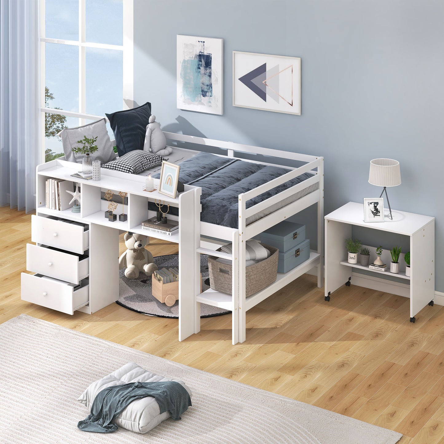 Full Size Low Loft Bed with Rolling Portable Desk, Drawers and Shelves,  White