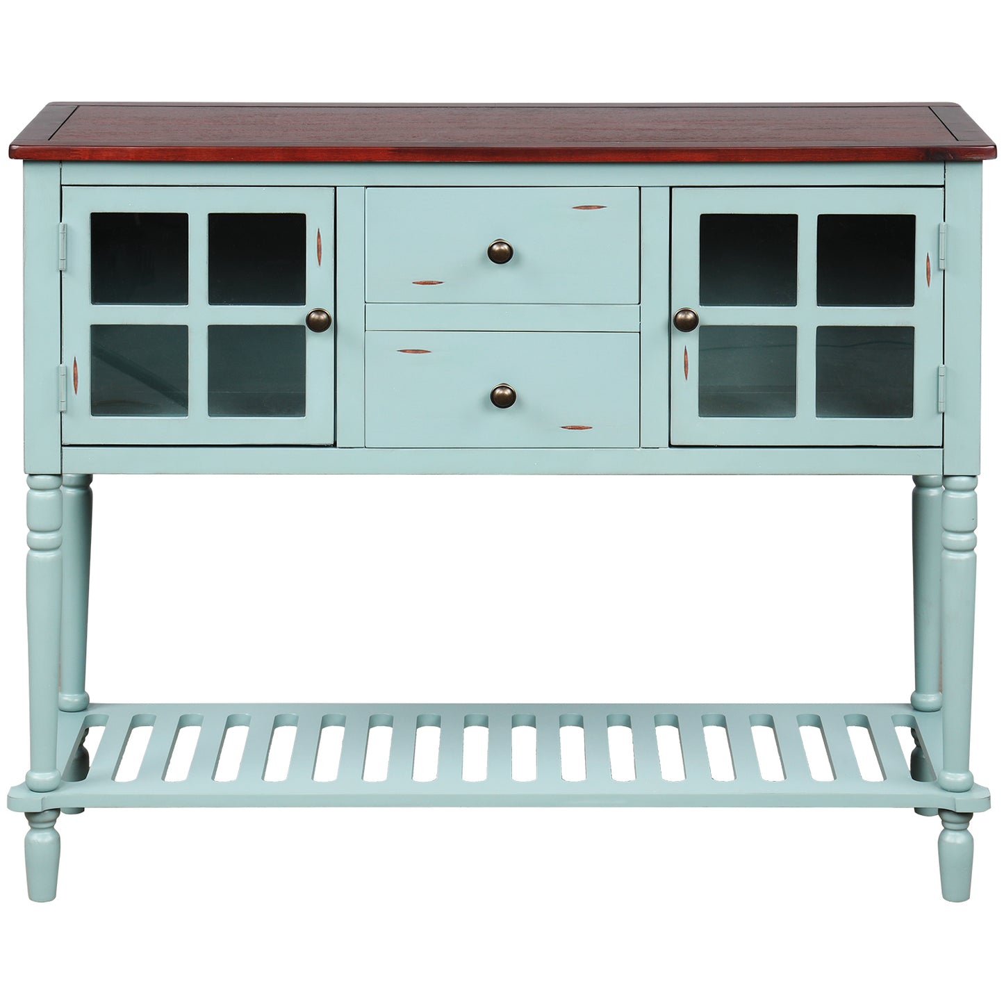 TREXM Sideboard Console Table with Bottom Shelf, Farmhouse Wood/Glass Buffet Storage Cabinet Living Room (Retro Blue)