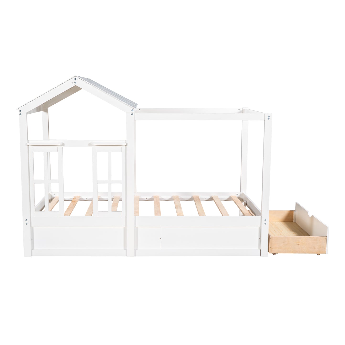 Twin Size House Bed with Roof, Window and Drawer - White