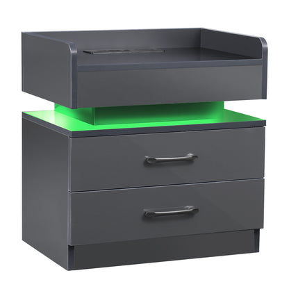 Nightstand with 2 Drawers,USB Charging Ports, Wireless Charging and Remote Control LED Light-Dark Gray