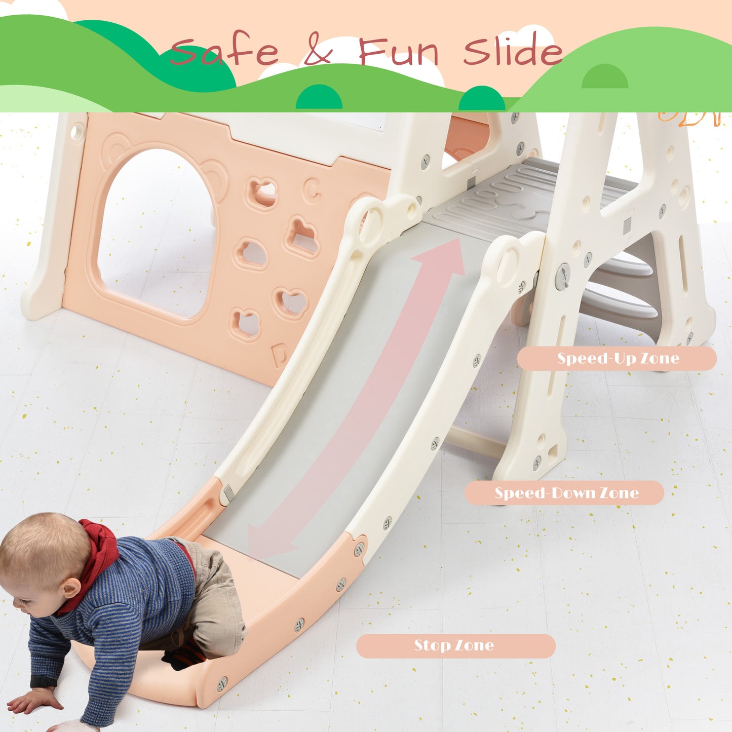 7-in-1 Toddler Climber and Slide Set Kids Playground Climber Slide Playset with Tunnel, Climber, Whiteboard,Toy Building Block Baseplates, Basketball Hoop Combination for Babies