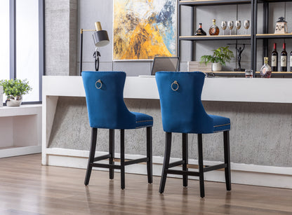 Set of 2 Upholstered Blue Velvet Bar stool with Solid Wood Legs