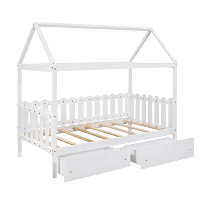 Twin Size House Bed with drawers, Fence-shaped Guardrail, White