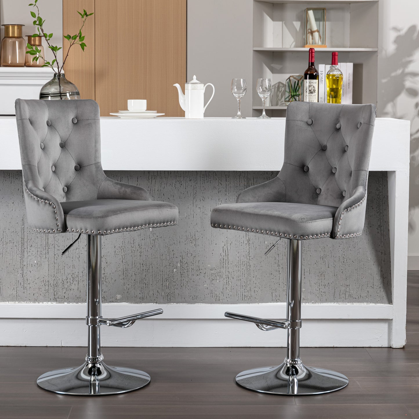 Swivel Velvet Barstools Adjusatble Seat Height , Modern Upholstered Bar Stools with Backs Comfortable Tufted for Home Pub and Kitchen Island（Gray,Set of 2）