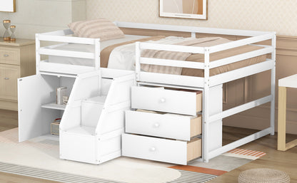 Full Size Functional Loft Bed with Cabinets and Drawers, Hanging Clothes at the back of the Staircase, White