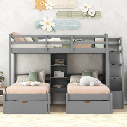 Twin over Twin&Twin Bunk Bed, Triple Bunk Bed with Drawers, Staircase with Storage, Built-in Shelves, Gray