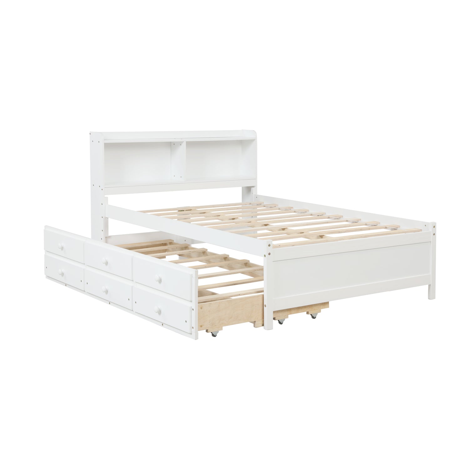 Full Bed with Bookcase,Twin Trundle,Drawers,White