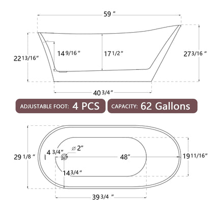 59" Acrylic Free Standing Tub - Classic Oval Shape Soaking Tub, Adjustable Freestanding Bathtub with Integrated Slotted Overflow and Chrome Pop-up Drain Anti-clogging Black