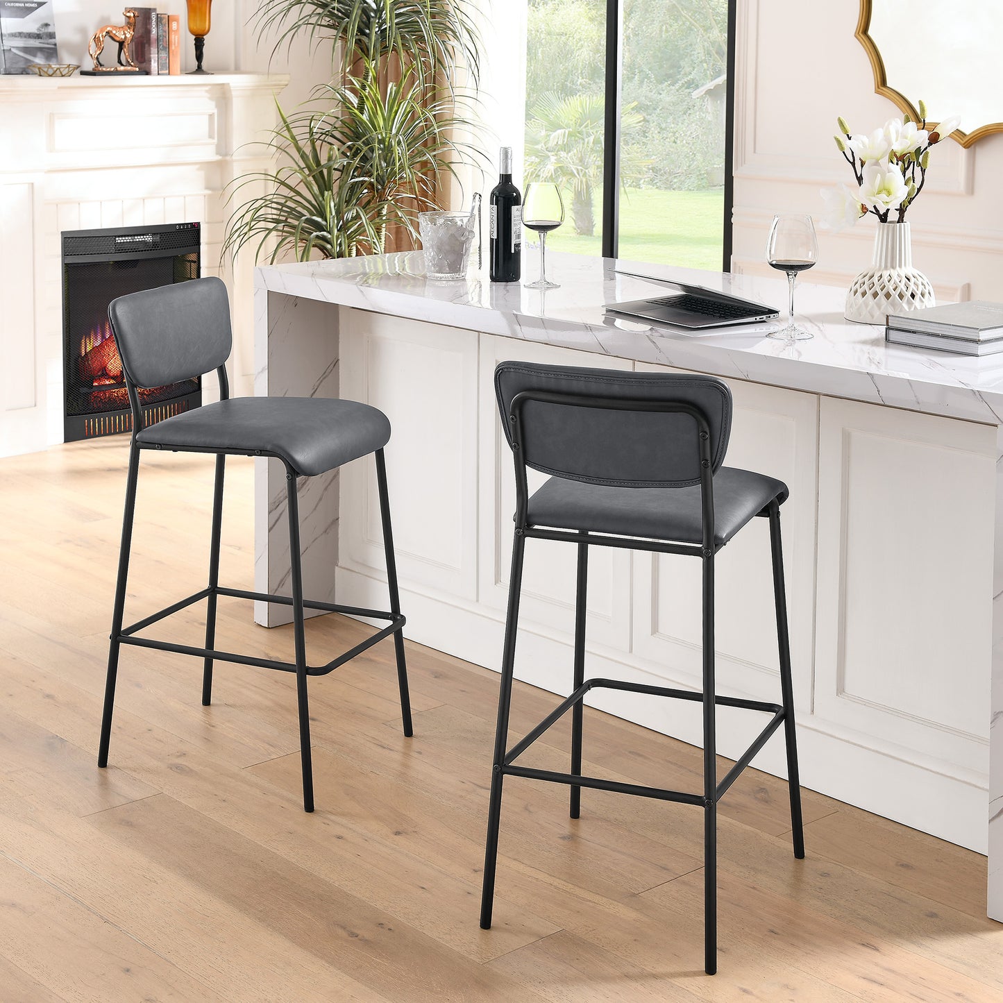 Pu Faux Leather Bar Stools Set of 2, Pub Barstools with Back and Footrest, Grey (18.25"x20“x38.5”）