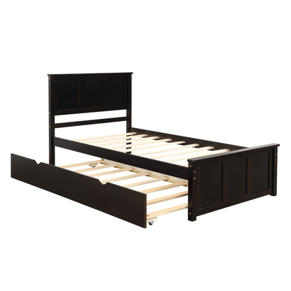 Platform Bed with Twin Size Trundle, Twin Size Frame, Espresso (New SKU:WF283063AAP)