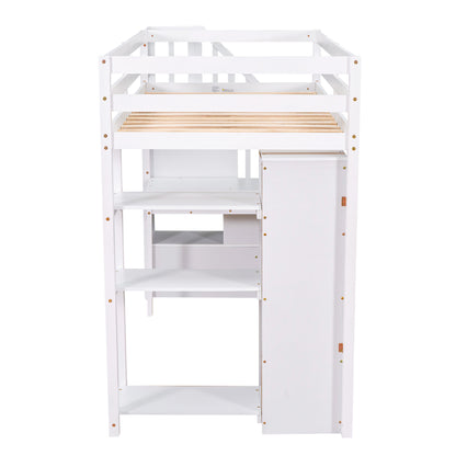 Twin size Loft Bed with Storage Drawers ,Desk and Stairs, Wooden Loft Bed with Shelves - White