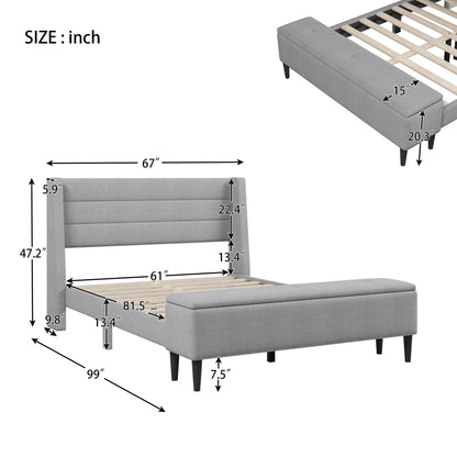 Upholstered Storage Bed Frame with Storage Ottoman Bench, No Box Spring Needed, Queen, Gray