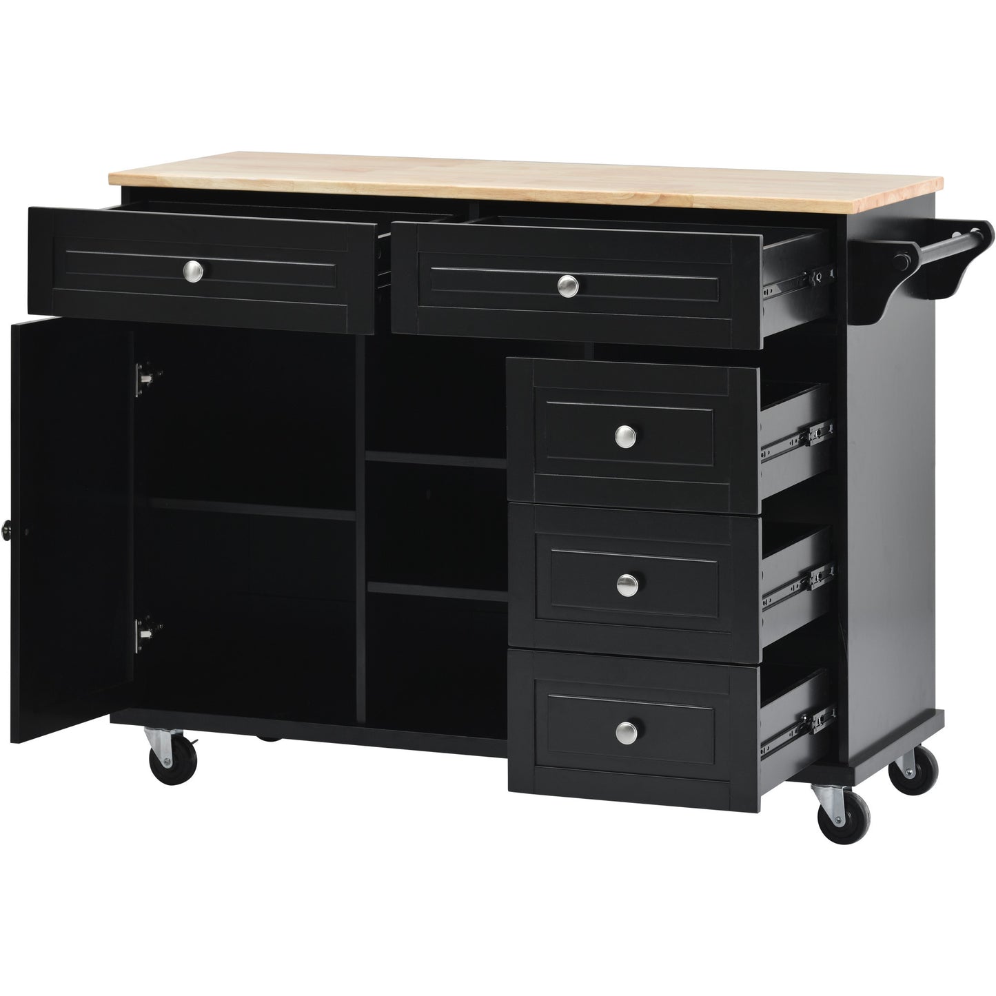 K&K kitchen cart with Rubber wood desktop rolling mobile kitchen island with storage and 5 draws 53 Inch width （Black）