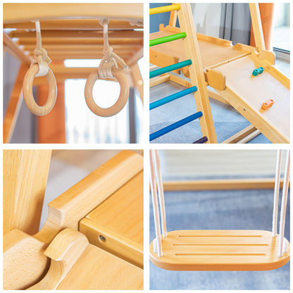 Indoor 7 in 1 children solid wood beech wood climbing frame baby slide18 months to 10 years old indoor ring swing small amusement park family small fitness