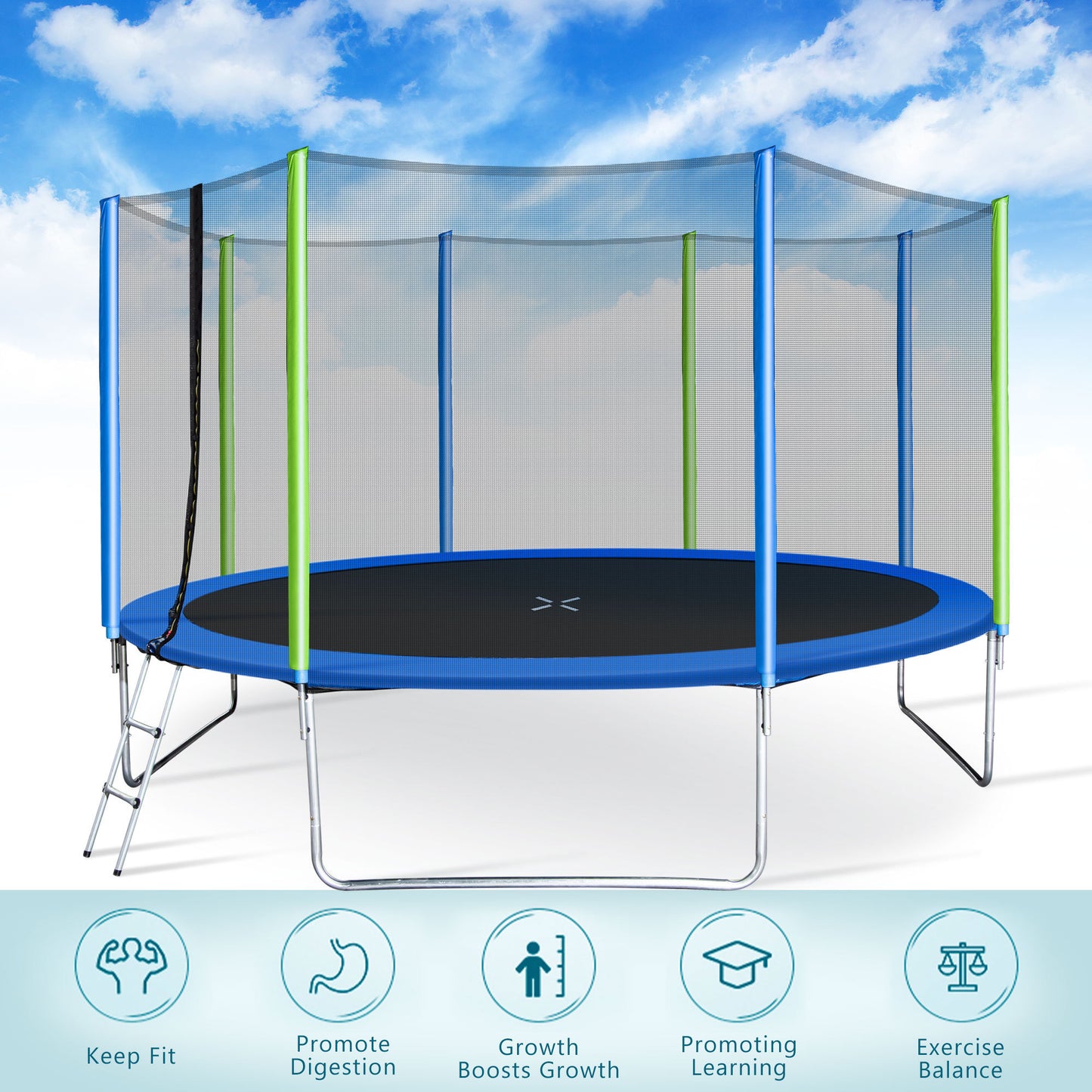 14FT Trampoline for Kids with Safety Enclosure Net, Ladder and 8 Wind Stakes, Round Outdoor Recreational Trampoline