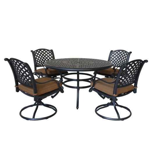 Round 4 - Person 52" Long Dining Set with Cushions, Brown