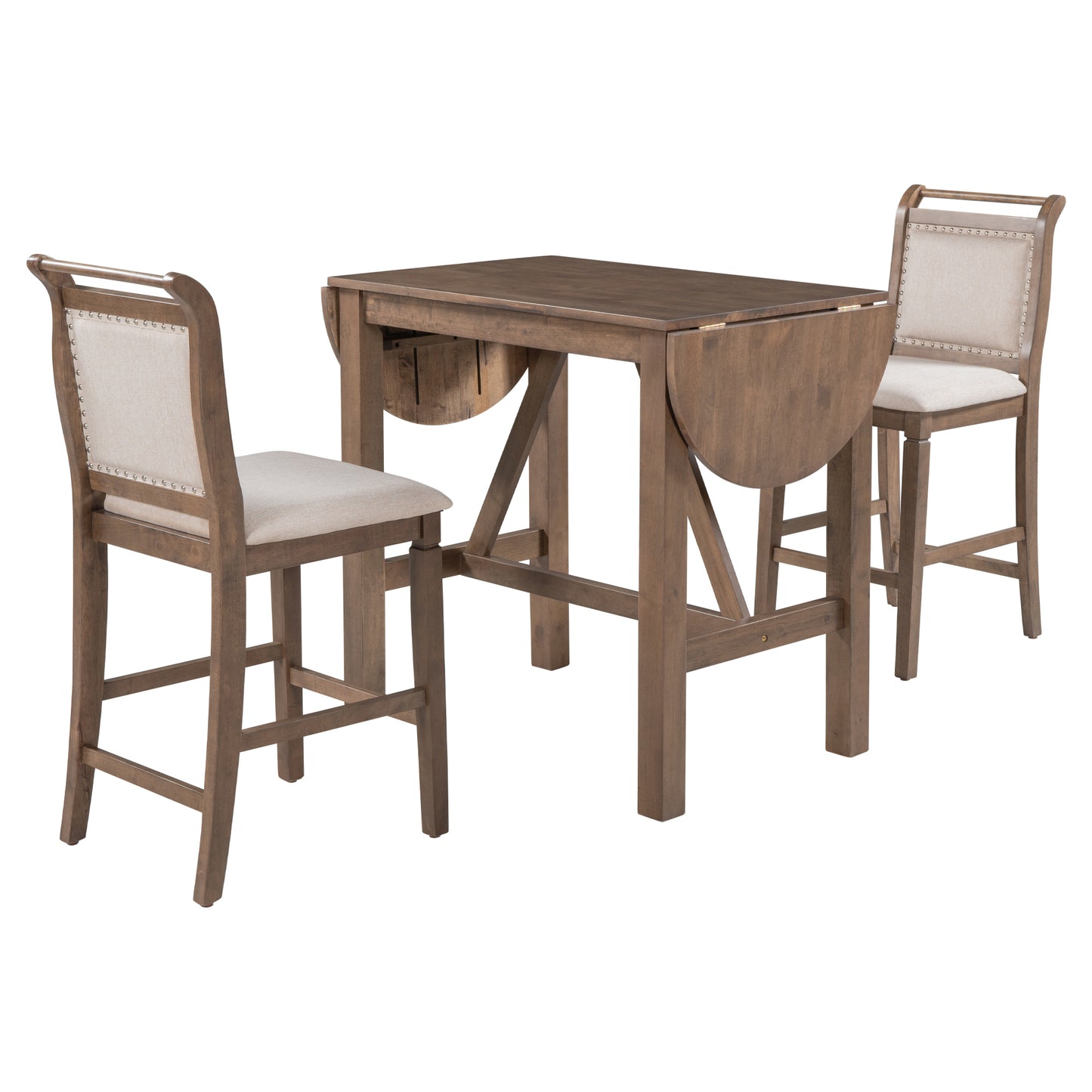 TOPMAX 3-Piece Wood Counter Height Drop Leaf  Dining Table Set with 2 Upholstered Dining Chairs for Small Place, Brown