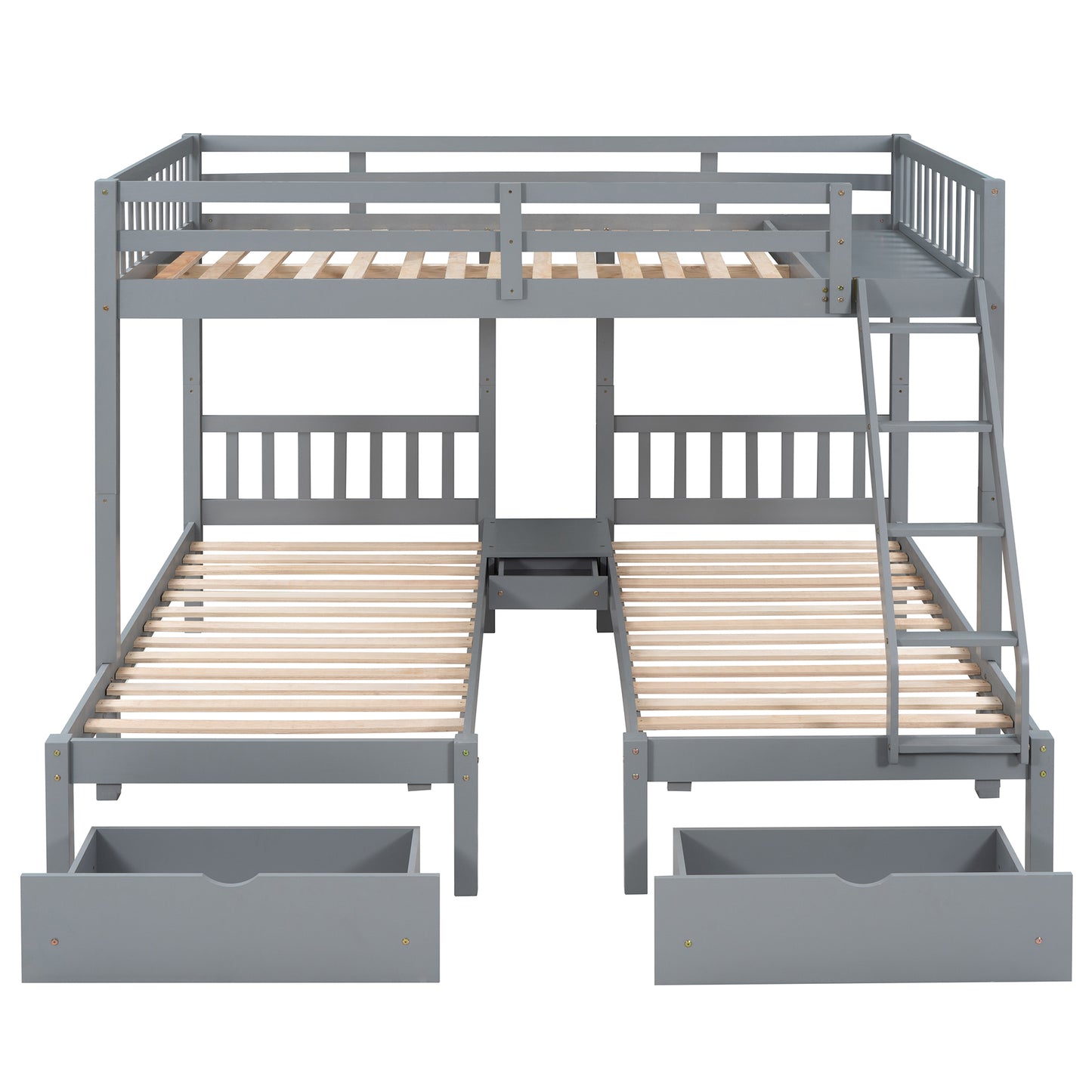 Full Over Twin & Twin Bunk Bed, Wood Triple Bunk Bed with Drawers and Guardrails  (Gray) （OLD SKU:LP000143AAE）