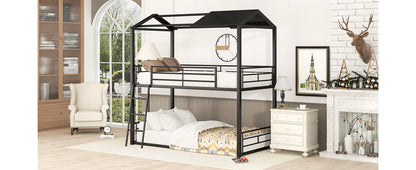 Twin Over Twin Bunk Bed Metal Bed with Half Roof, Guardrail and Ladder Black