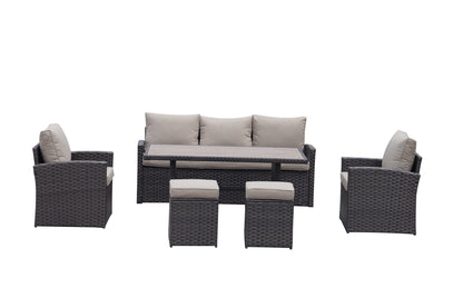 6-Piece Outdoor PE Rattan Sofa Set Patio Garden Wicker Dining and Coffee Sofa-Dark Brown