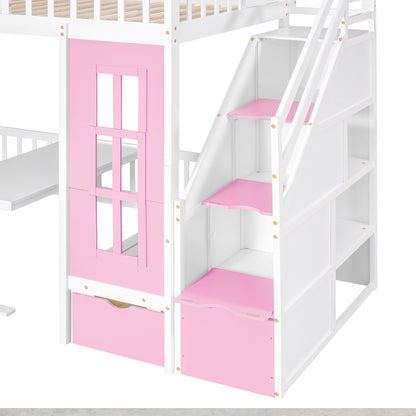 Twin-Over-Twin Bunk Bed with Changeable Table , Bunk Bed  Turn into Upper Bed and Down Desk with 2 Drawers - Pink