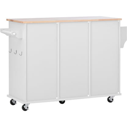 K&K kitchen island cart with Spice Rack, Towel Rack & Drawer,Rubber wood desktop,5 wheels including 4 lockable wheels,52.8inch width (White)