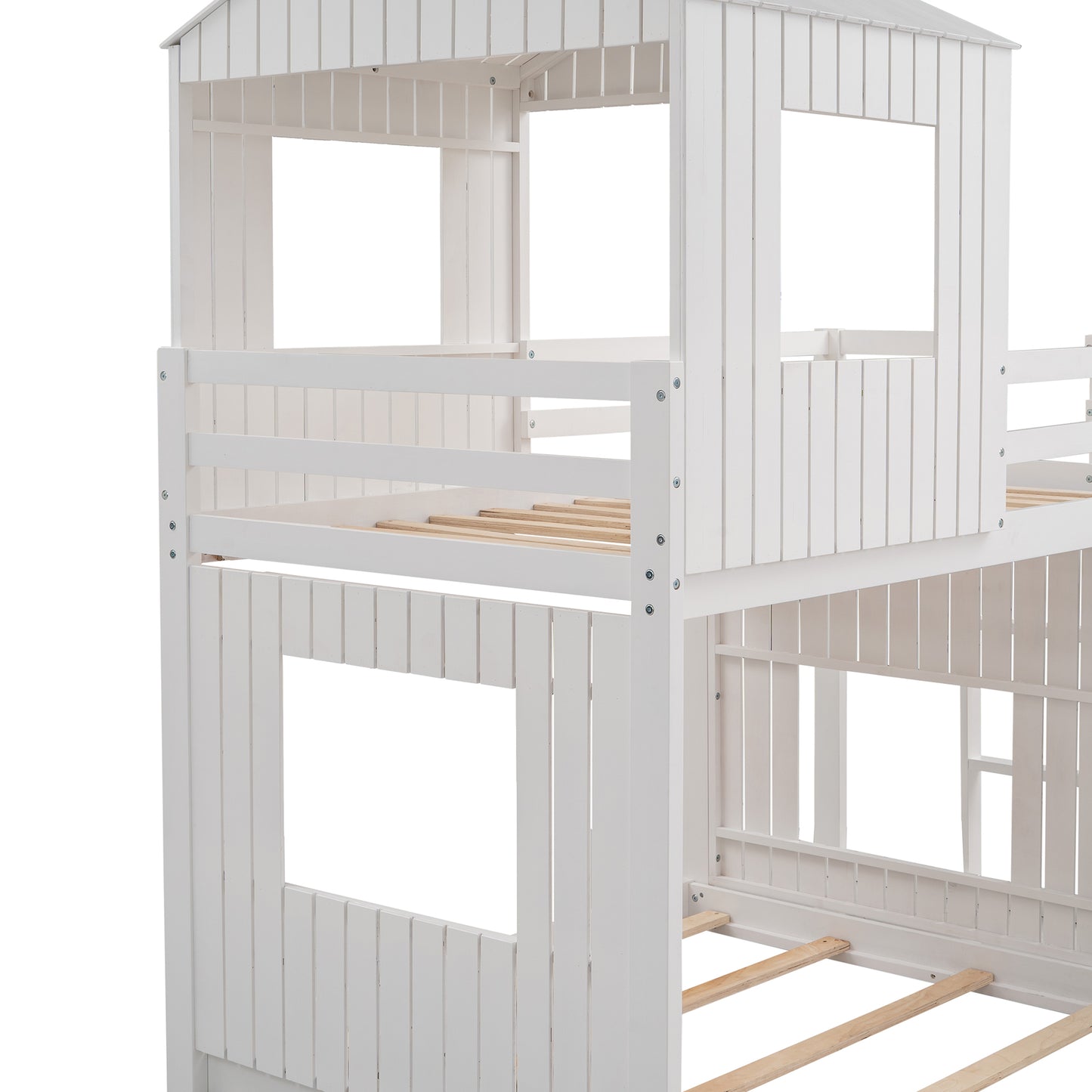 Wooden Twin Over Full Bunk Bed, Loft Bed with Playhouse, Farmhouse, Ladder, Slide and Guardrails, White(OLD SKU :LP000028AAK)