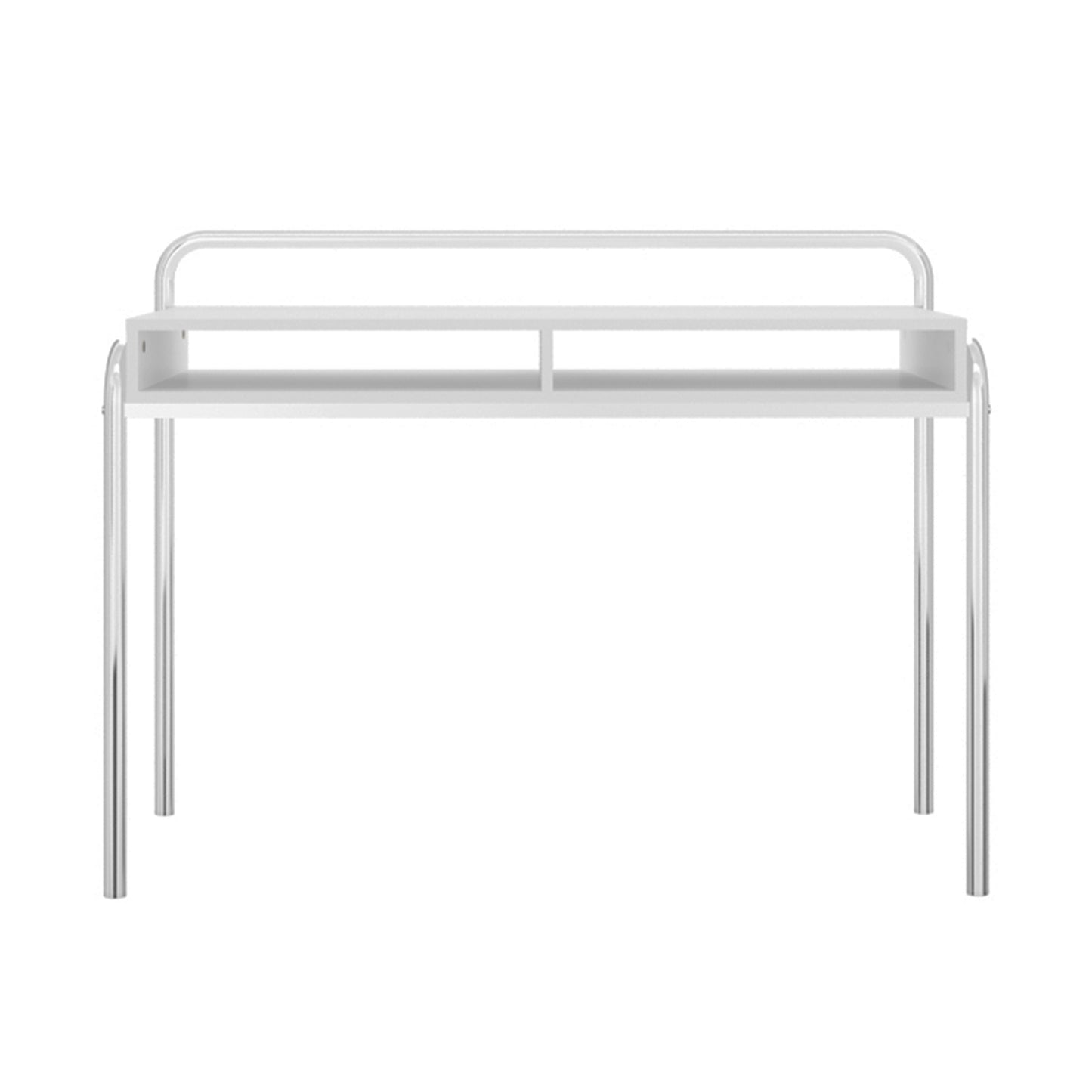 Office Desk with 2 Compartments and Tubular Metal Frame, White and Chrome