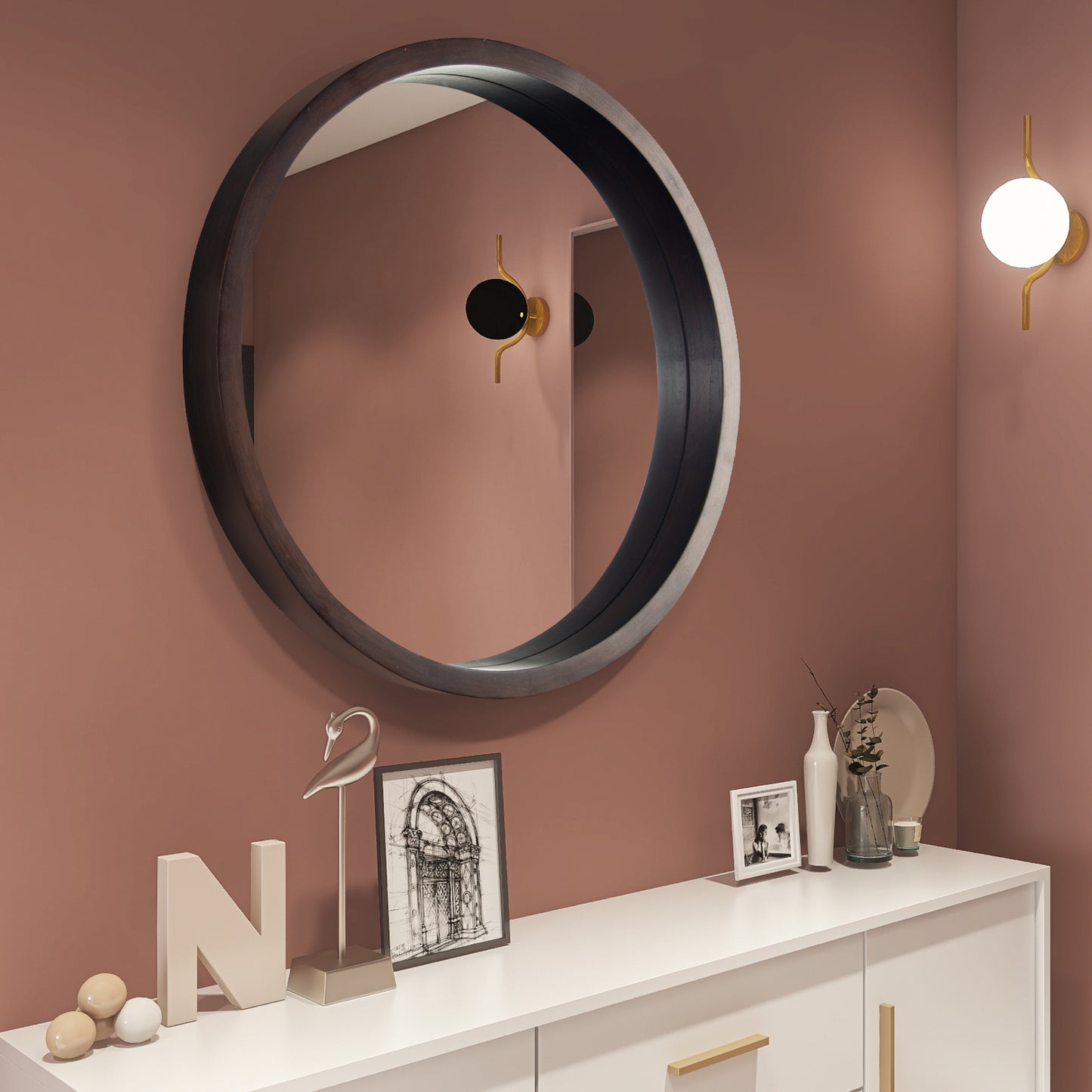 Circle Mirror with Wood Frame, Round Modern Decoration Large Mirror for Bathroom Living Room Bedroom Entryway, Walnut Brown, 24"