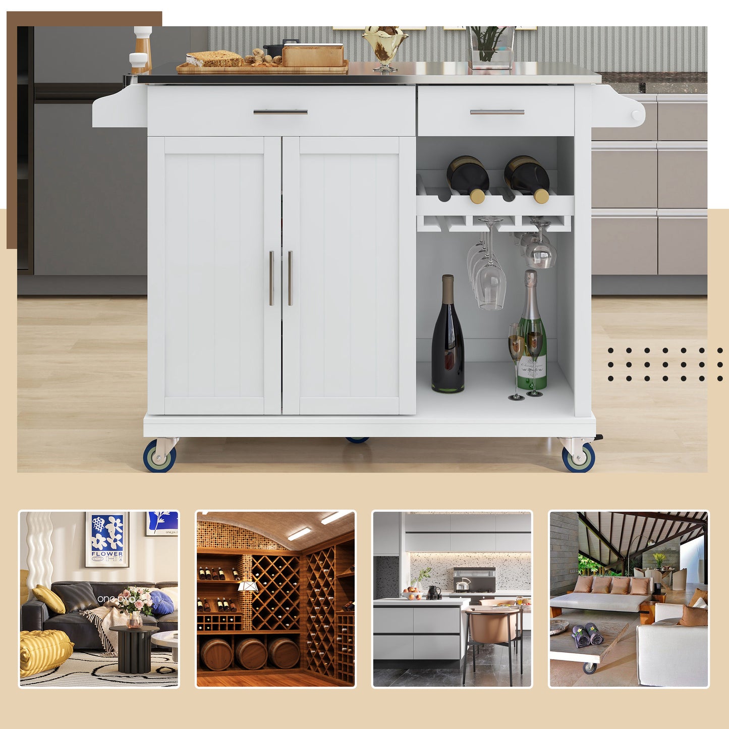 K&K Kitchen Cart with Stainless Steel Top and Storage Cabinet, Kitchen Island on Wheels with Two Drawers & Goblet Holder & Wine Rack & Spice Rack & Towel Holder, L51xW18xH37 Inches