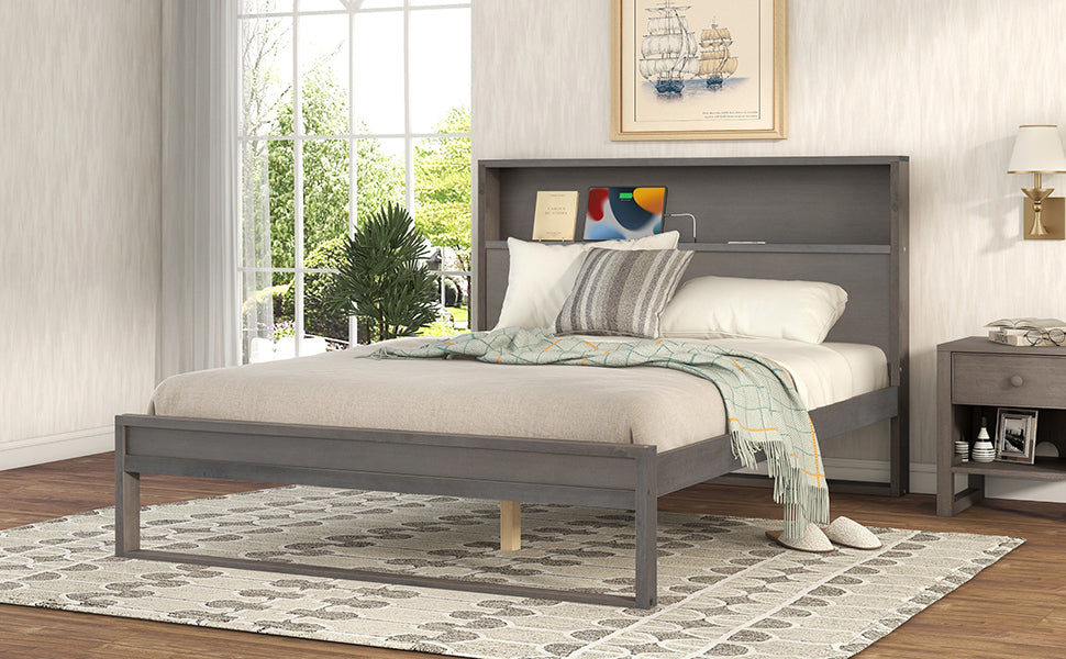 Platform Bed with Storage Headboard,Sockets and USB Ports,Queen Size Platform Bed,Antique Gray