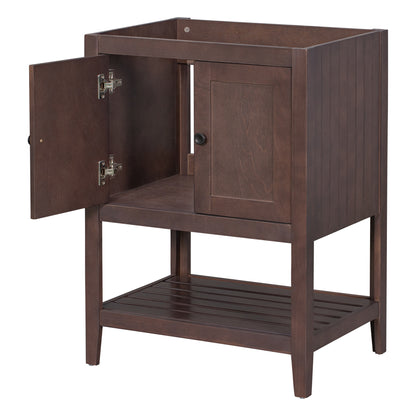 24" Bathroom Vanity Base Only, Soild Wood Frame, Bathroom Storage Cabinet with Doors and Open Shelf, Brown