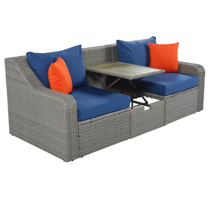 U_STYLE Patio Furniture Sets, 3-Piece Patio Wicker Sofa with  Cushions, Pillows, Ottomans and Lift Top Coffee Table