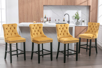 A&A Furniture,Contemporary Velvet Upholstered Barstools with Button Tufted Decoration and Wooden Legs, and Chrome Nailhead Trim, Leisure Style Bar Chairs,Bar stools, Set of 2 (Gold) 1902GL