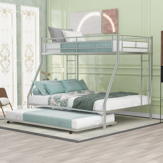 Twin over Full Bed with Sturdy Steel Frame, Bunk Bed with Twin Size Trundle, Two-Side Ladders, Silver(OLD SKU:MF194424AAN)