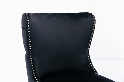 Set of 2 Black Velvet upholstered wing-back dining chair with backstitching nailhead trim and solid wood legs