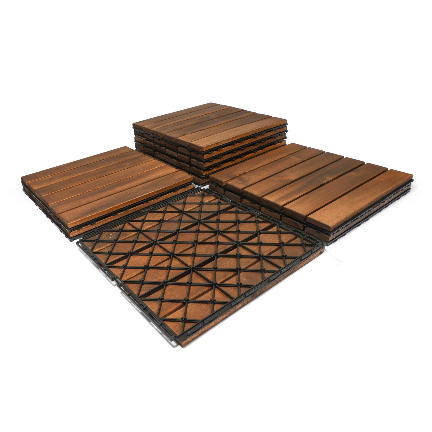 12" x 12" Square Acacia Wood Interlocking Flooring Tiles Striped Pattern Pack of 10 Tiles