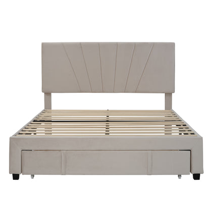 Queen Size Storage Bed Velvet Upholstered Platform Bed with a Big Drawer - Beige